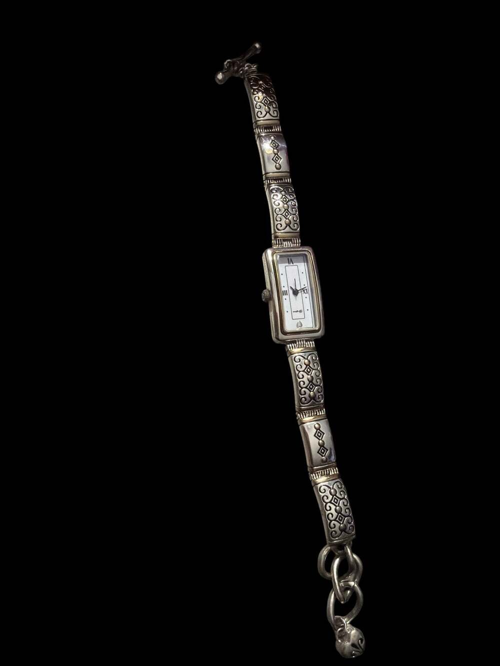 Brighton Silver Tone Scrollwork Rectangular Face Link Bracelet Watch